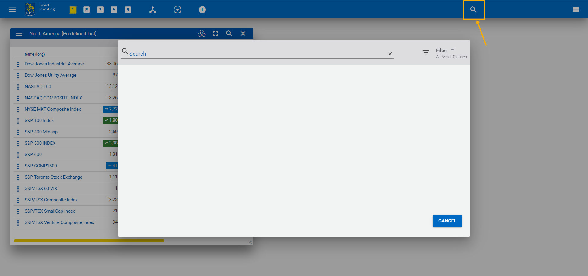 Search icon highlighted in the Trading Dashboard title bar.